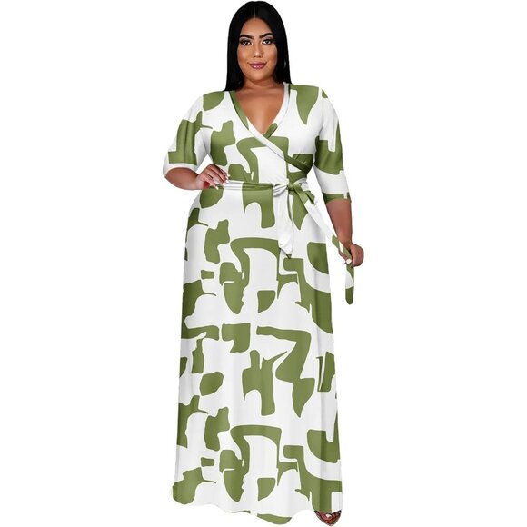 Women's Green 044 Polyester Blend Floral 3/4 Sleeve With Belt Elegant Maxi